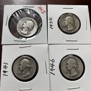 Lot of 4 Washington Silver Quarters 1934, 1941, 1946, 1943 | 90% Silver